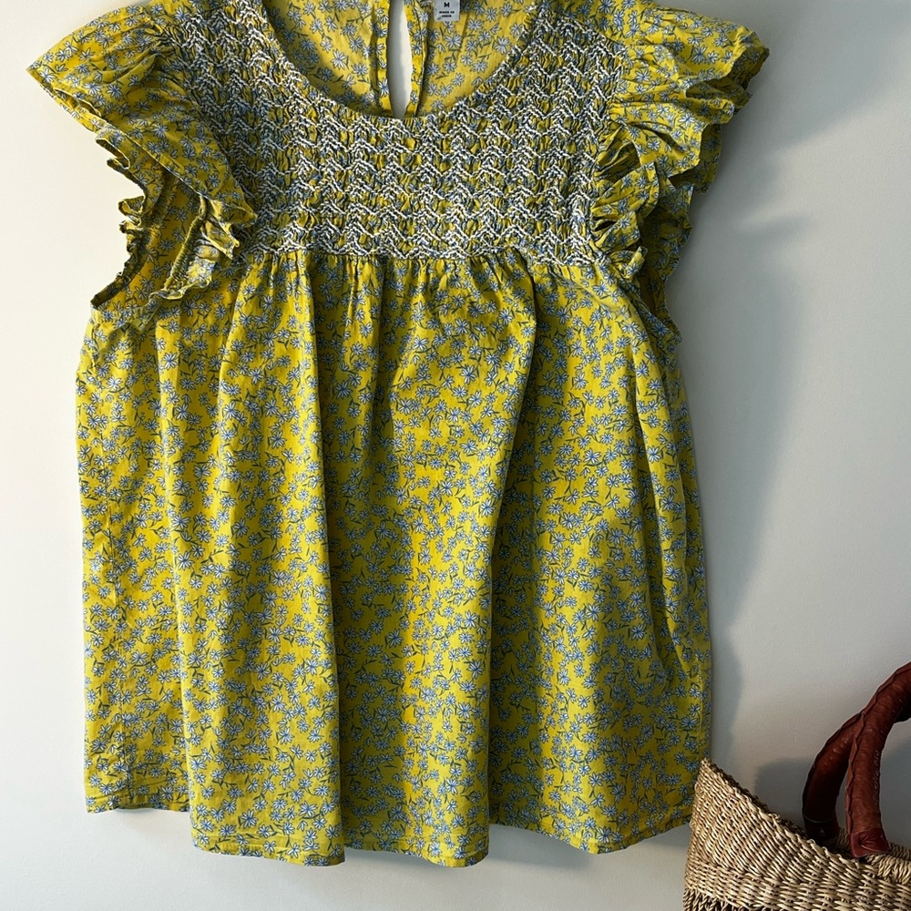 J. Crew Yellow Floral Smocked Flutter Sleeve Top